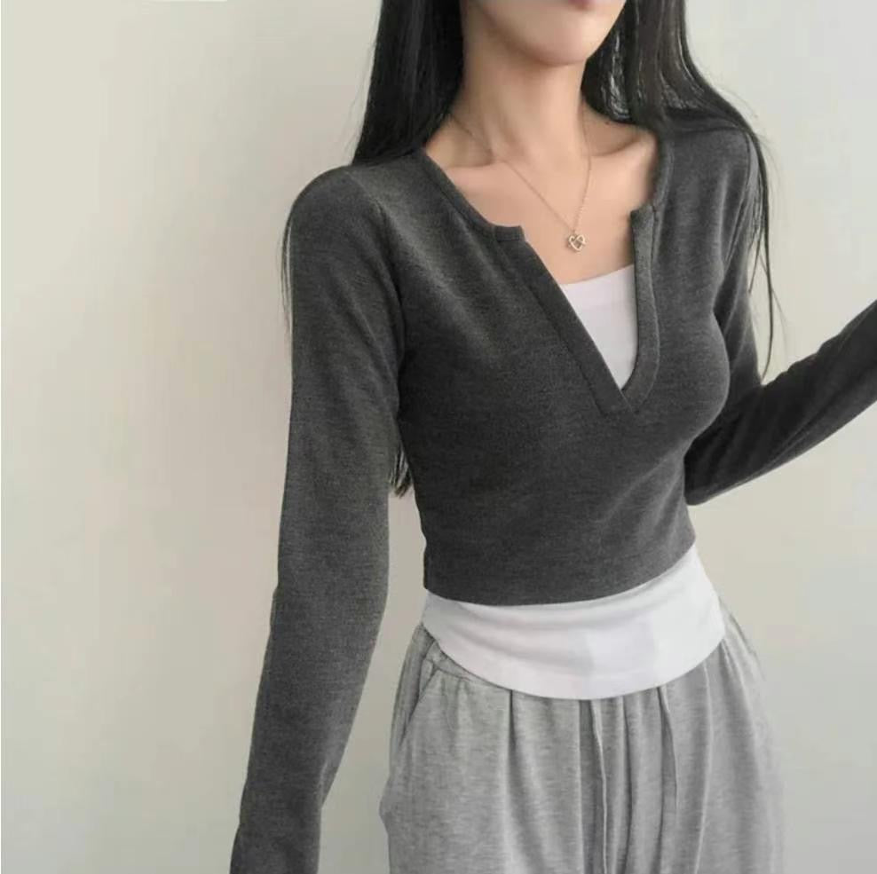 【假兩件長袖Crop Top】 Layered Long Sleeve Crop Top