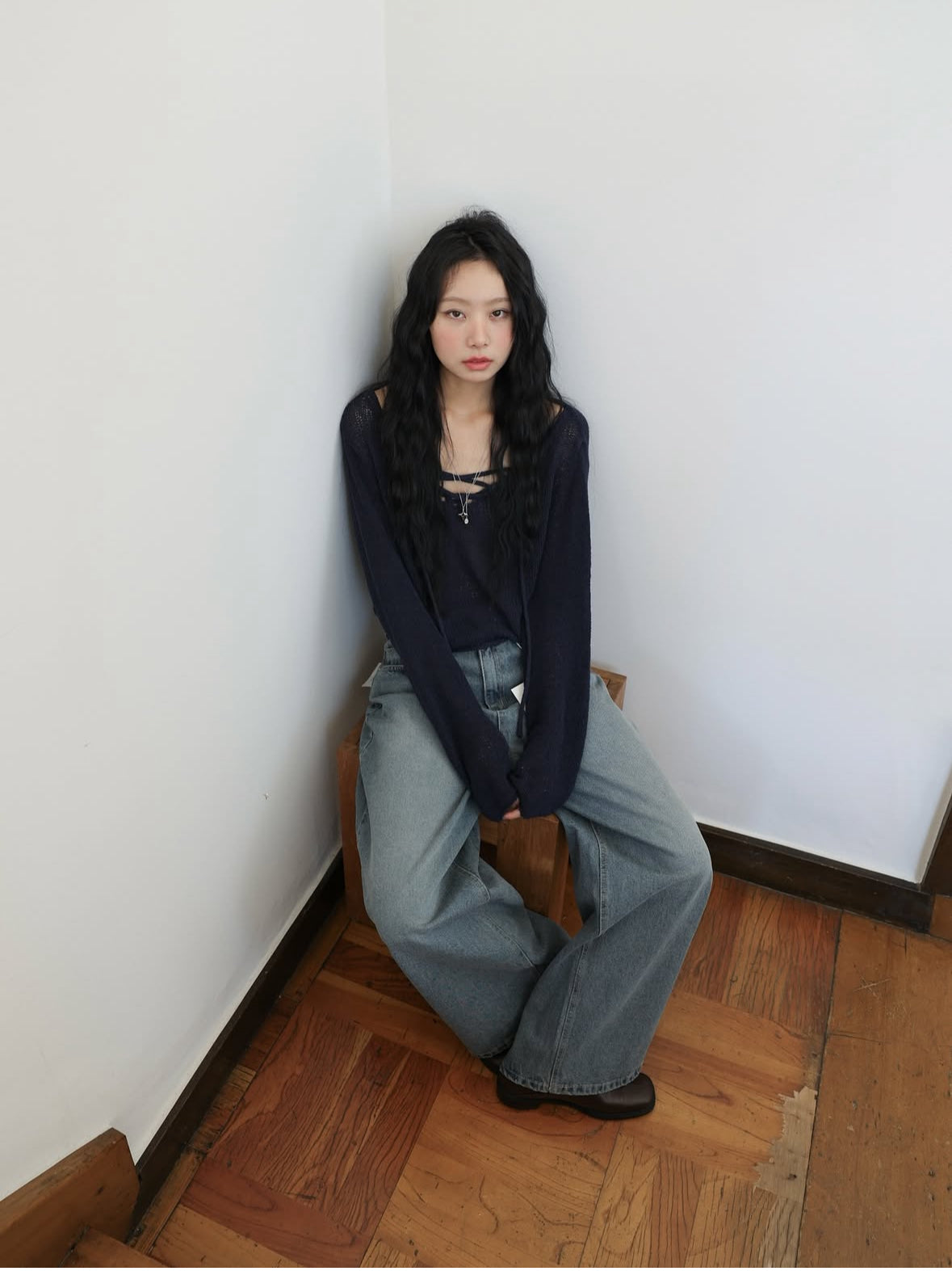 【慵懶感綁帶罩衫｜2色入】Tie Front Solid See-Throgh Knit Cardigan
