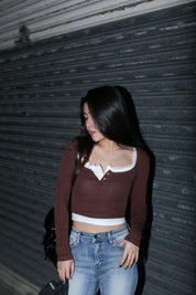 【長袖背心套裝！ 】Lace Cami & Brown Long Sleeve Top Set