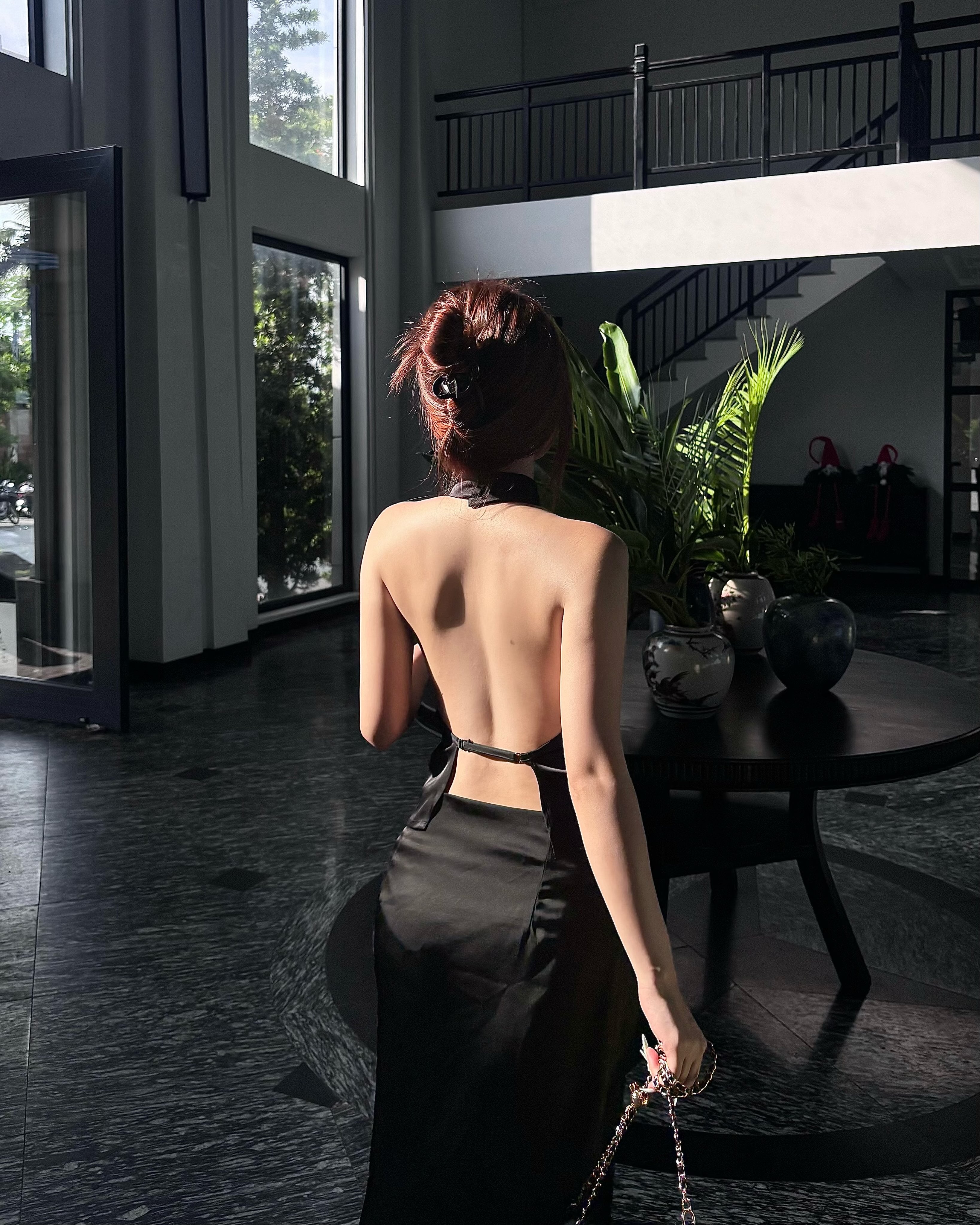 Black Silk Halter Two-Piece Set