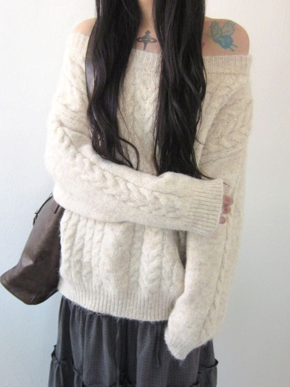 【麻花單肩針織Top】Cable Ribbed Off Shoulder Cardigan