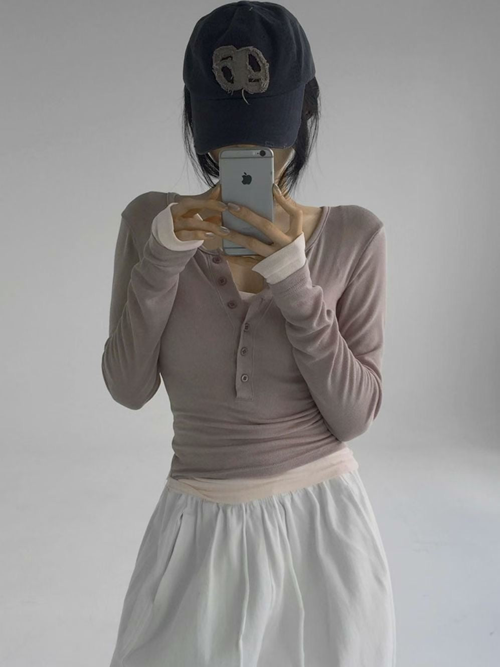 【假兩件長䄂Top🎶】Double Layered Button Front Long Sleeve Top