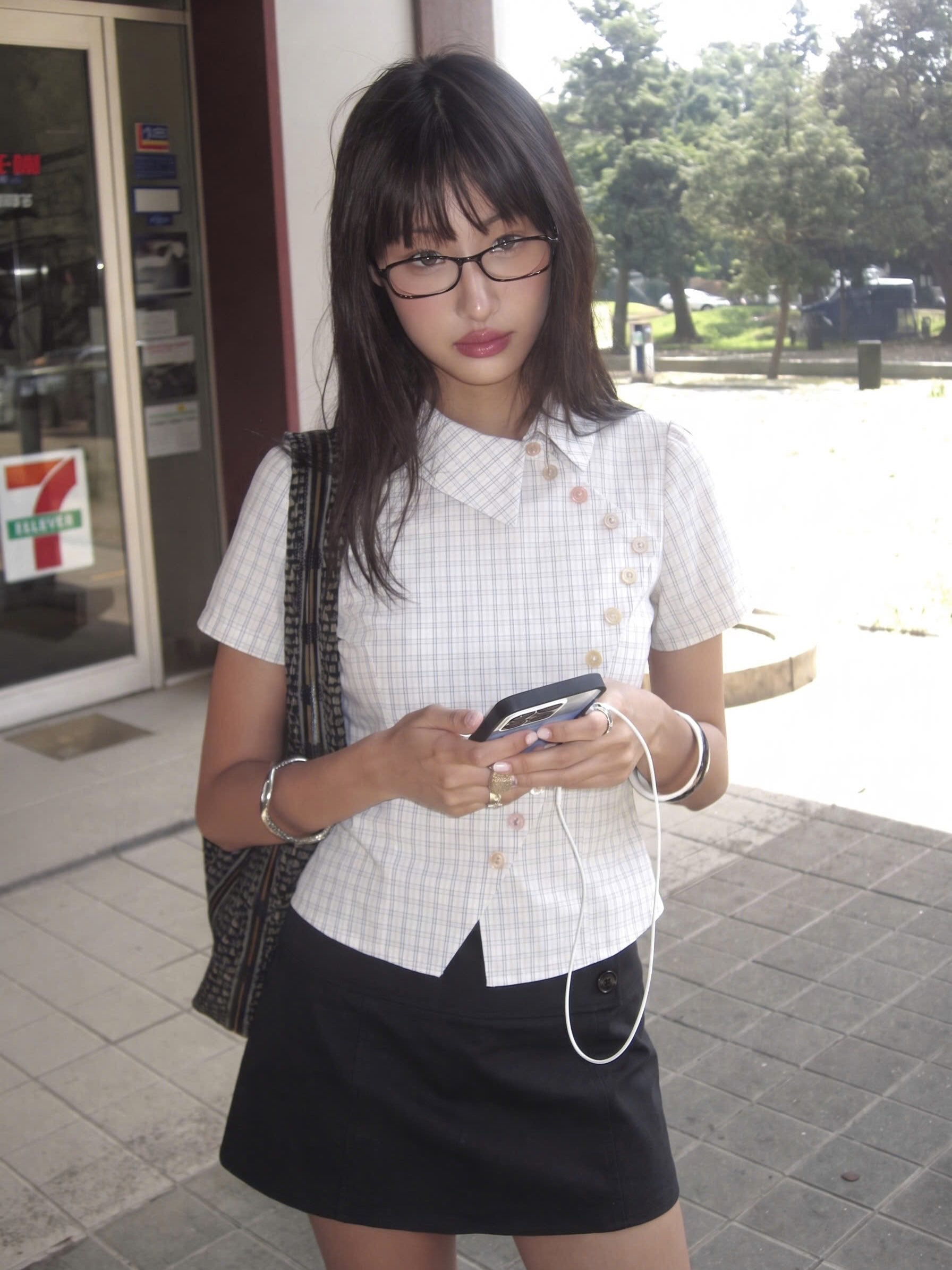 Plaid cross-button collar top