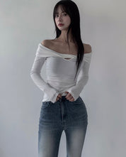 【歐美風一字領Top】 Leaf Twisted Long Sleeve Off Shoulder Top