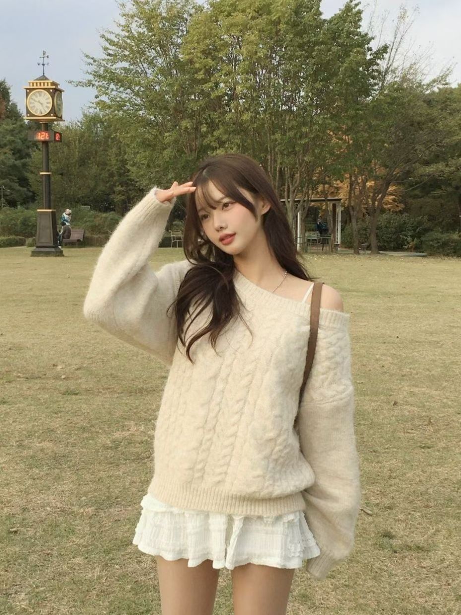 【麻花單肩針織Top】Cable Ribbed Off Shoulder Cardigan