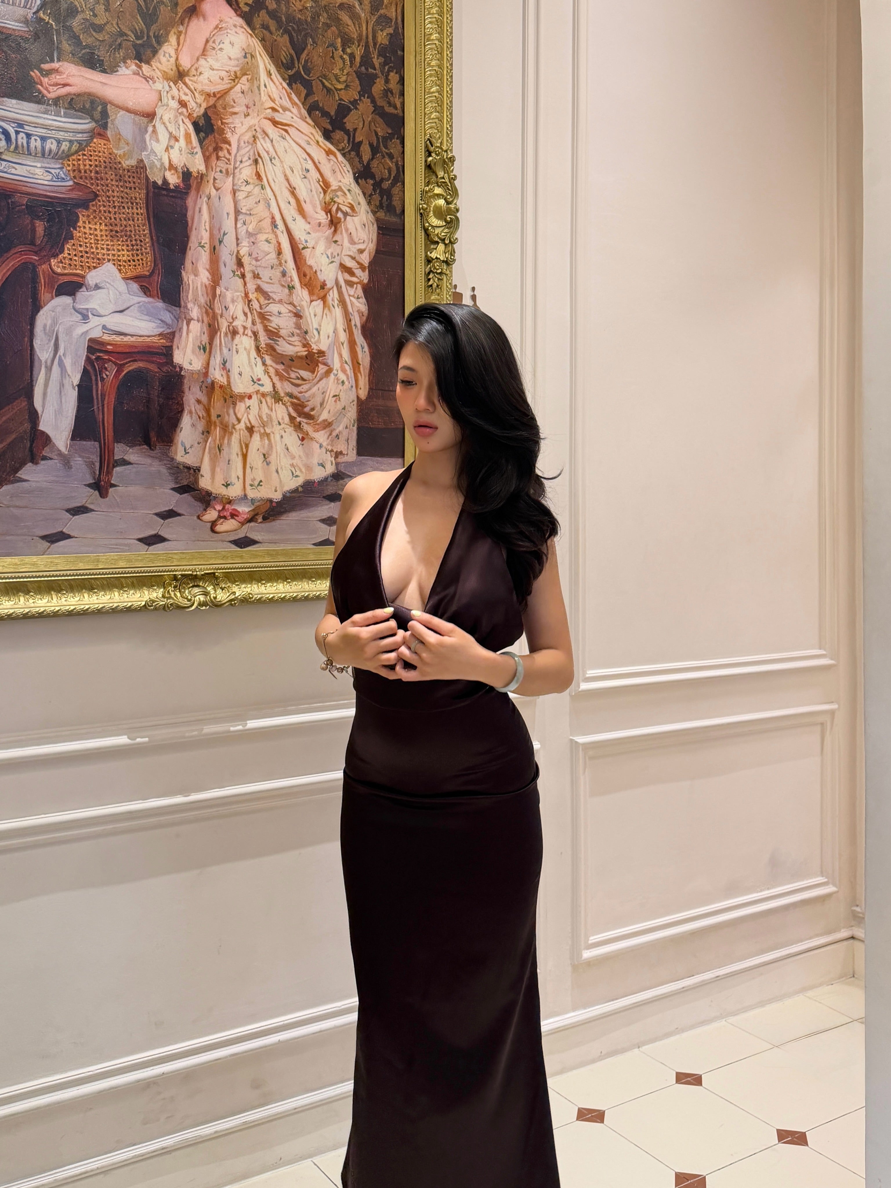 Mocha Silk Cowl-Neck Halter Dress
