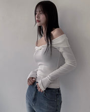 【歐美風一字領Top】 Leaf Twisted Long Sleeve Off Shoulder Top