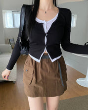 【假兩件長袖Crop Top】 Layered Roble Button Long Sleeve Crop Top