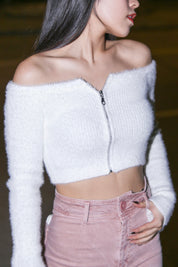 Zip Up Solid Fluffy Crop Off Shoulder Top