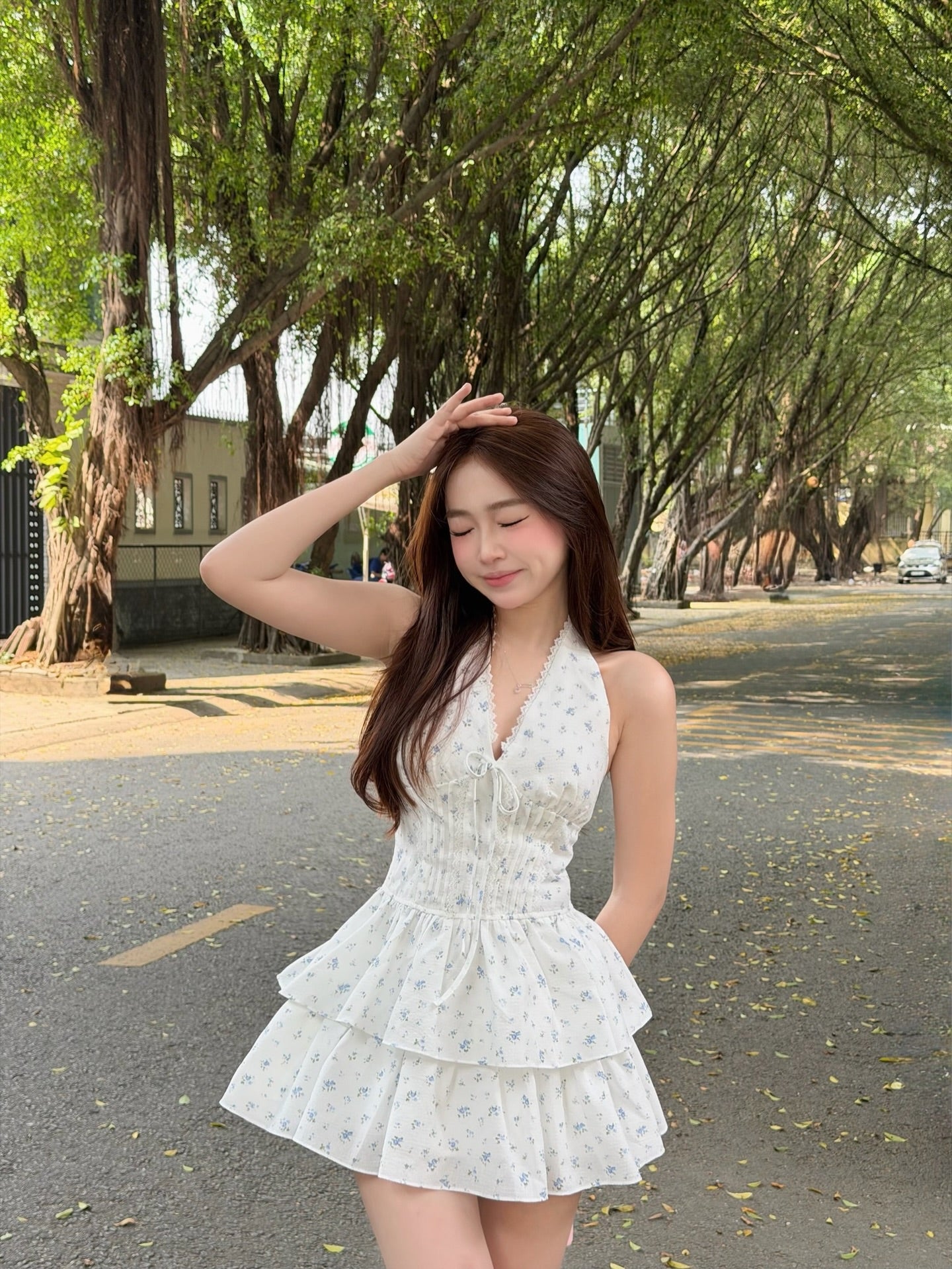 Blue Floral Halter Dress