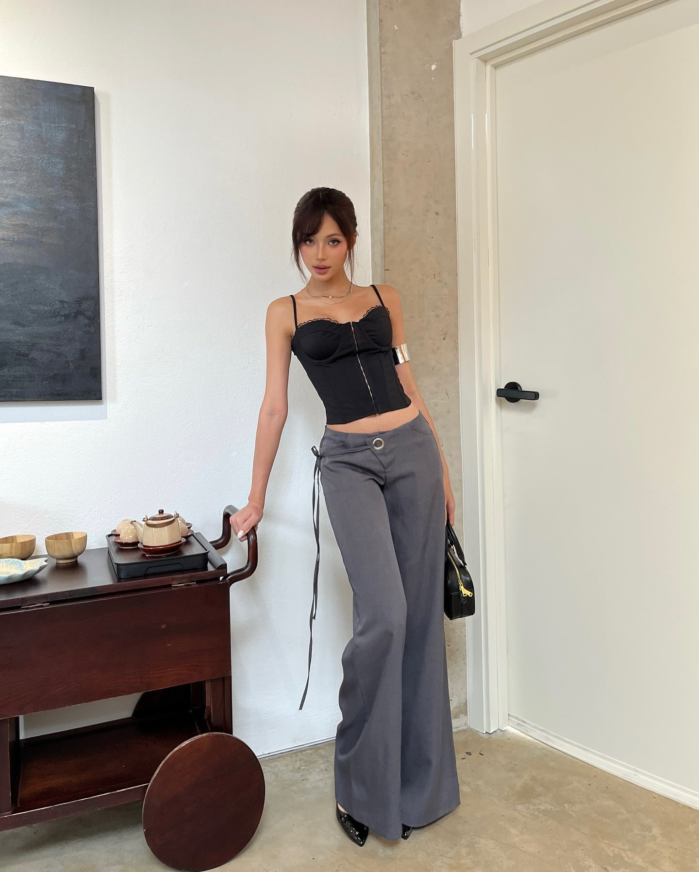 Figure flattering low rise long flared pants