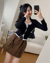 【假兩件長袖Crop Top】 Layered Roble Button Long Sleeve Crop Top