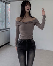【歐美風一字領Top】 Leaf Twisted Long Sleeve Off Shoulder Top