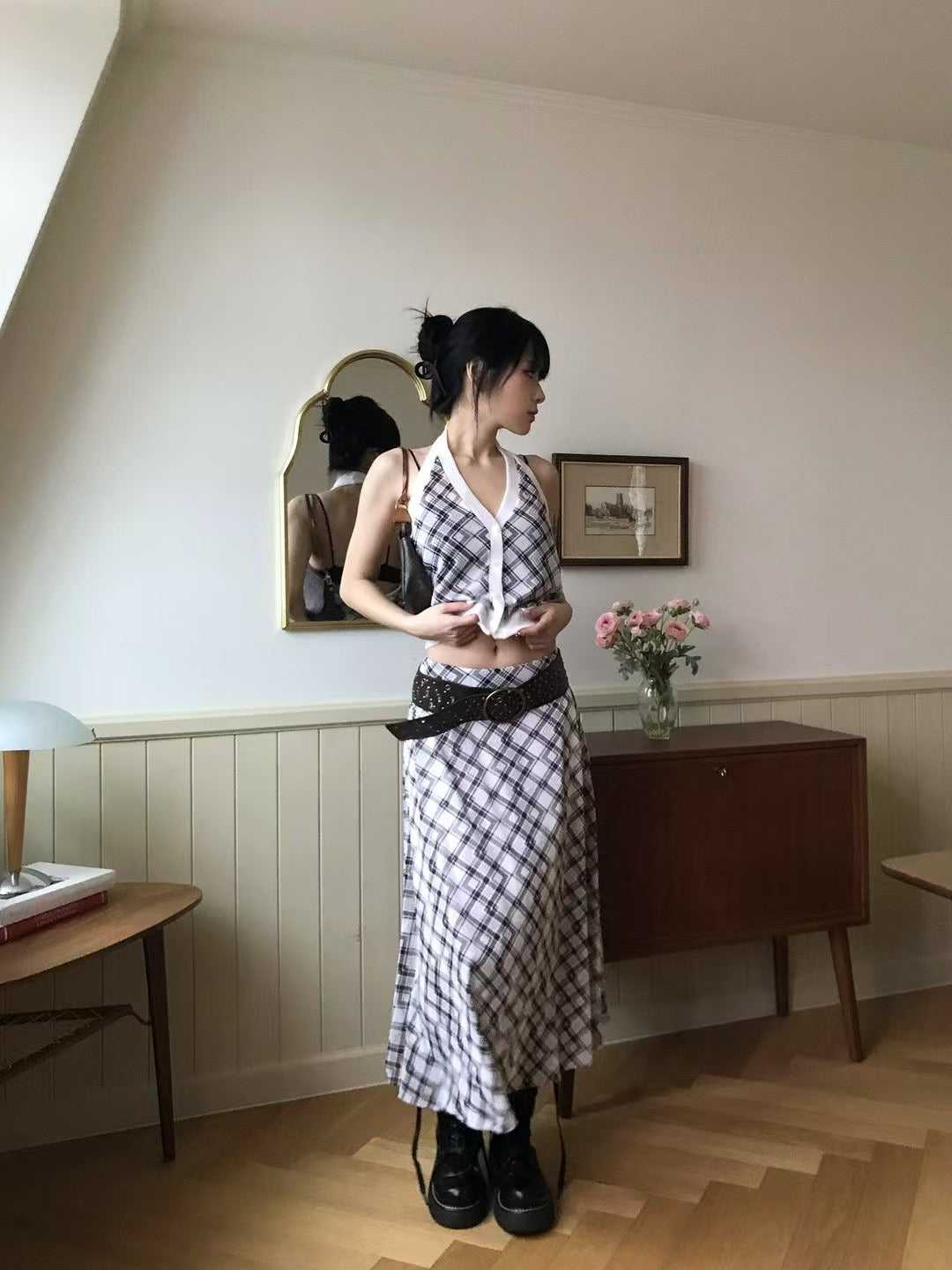 【復古美式女生必入】Button Front Checkered Halter Top