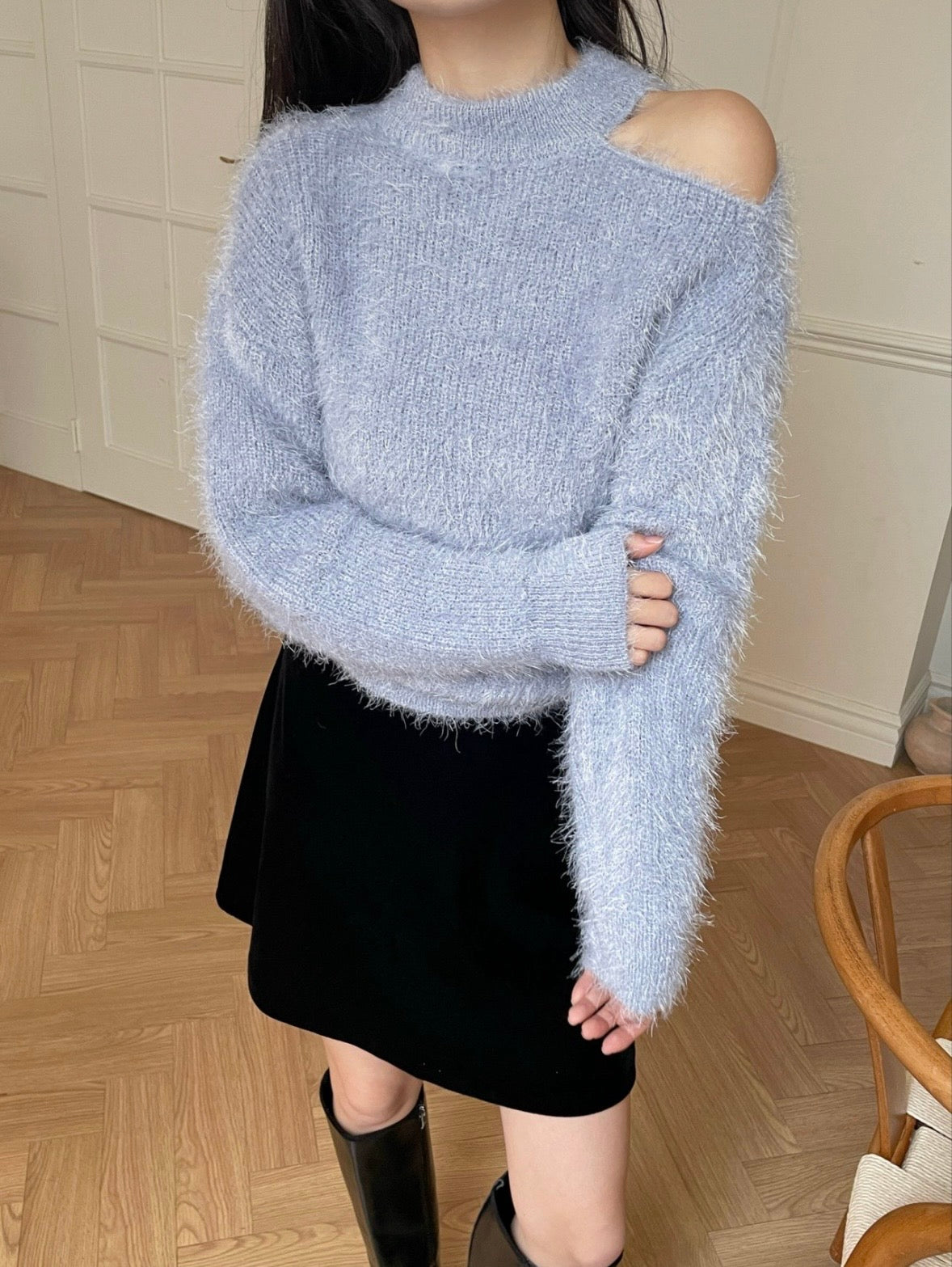 【海馬毛毛冷衫】Fluffy Solid Shoulder Cut Cardigan