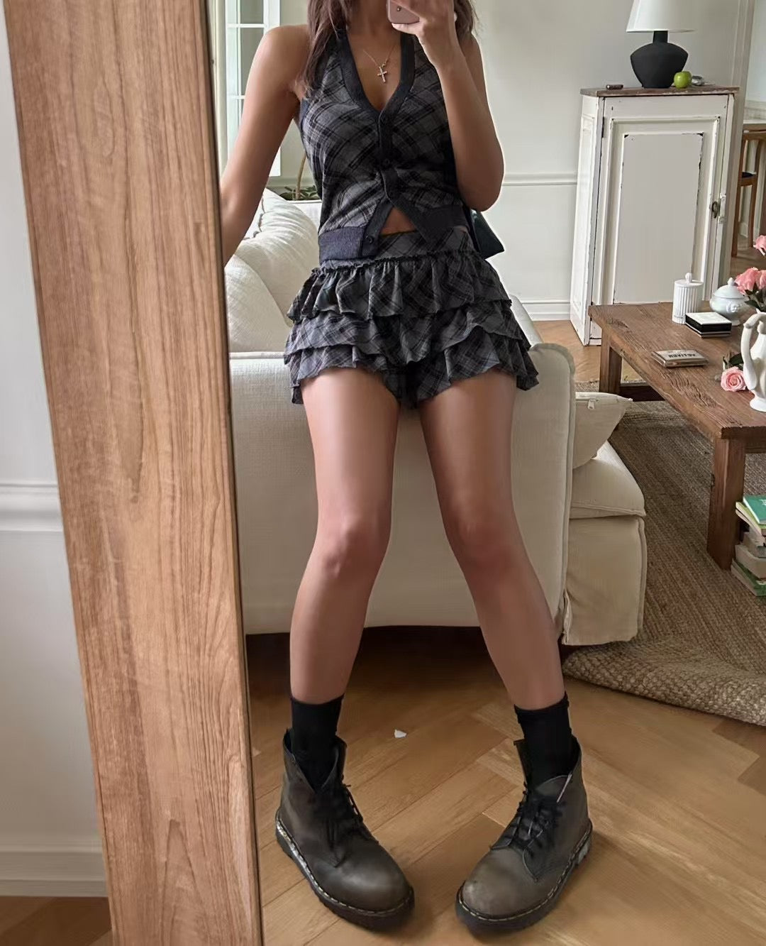 【復古美式女生必入】Button Front Checkered Halter Top