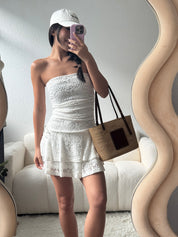 【歐美風平口繡花短裙】Solid Lace Tube Top Dress