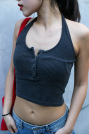 【夏日必備！清爽無束縛】Vintage Washed Button Front Halter Top