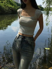【方領氣質upupup!!!】Squared Neck Baby Crop Top