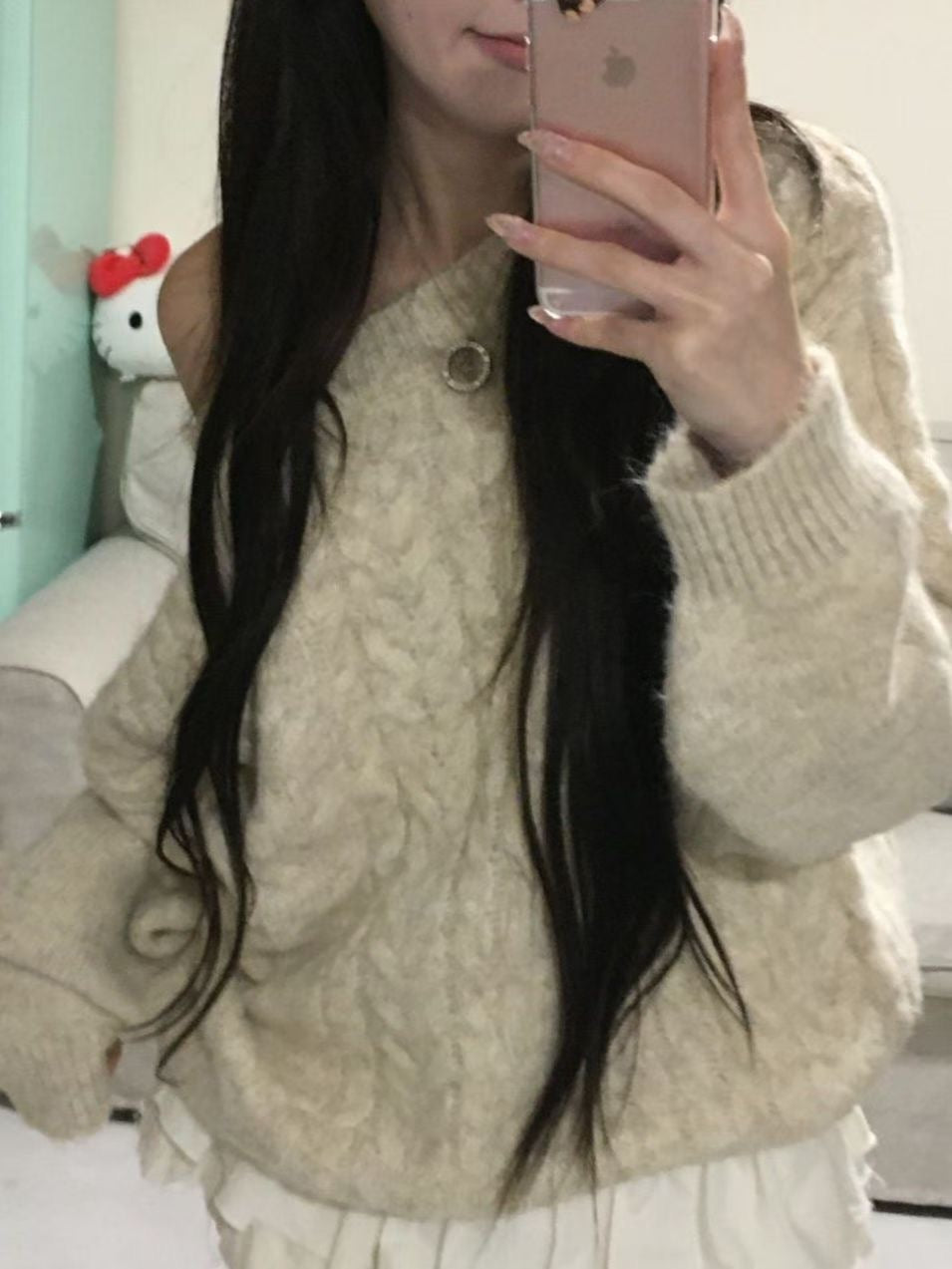 【麻花單肩針織Top】Cable Ribbed Off Shoulder Cardigan