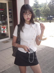 Plaid cross-button collar top