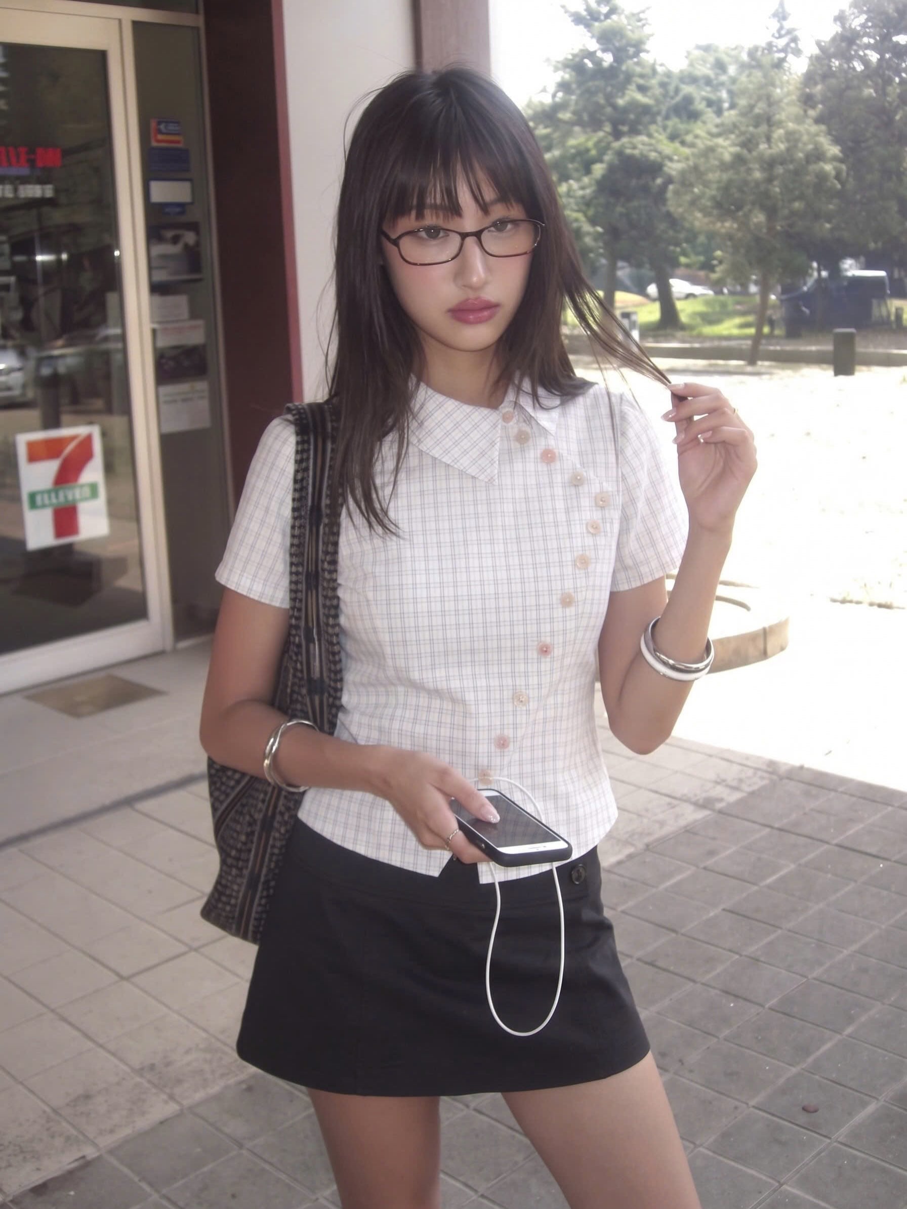 Plaid cross-button collar top
