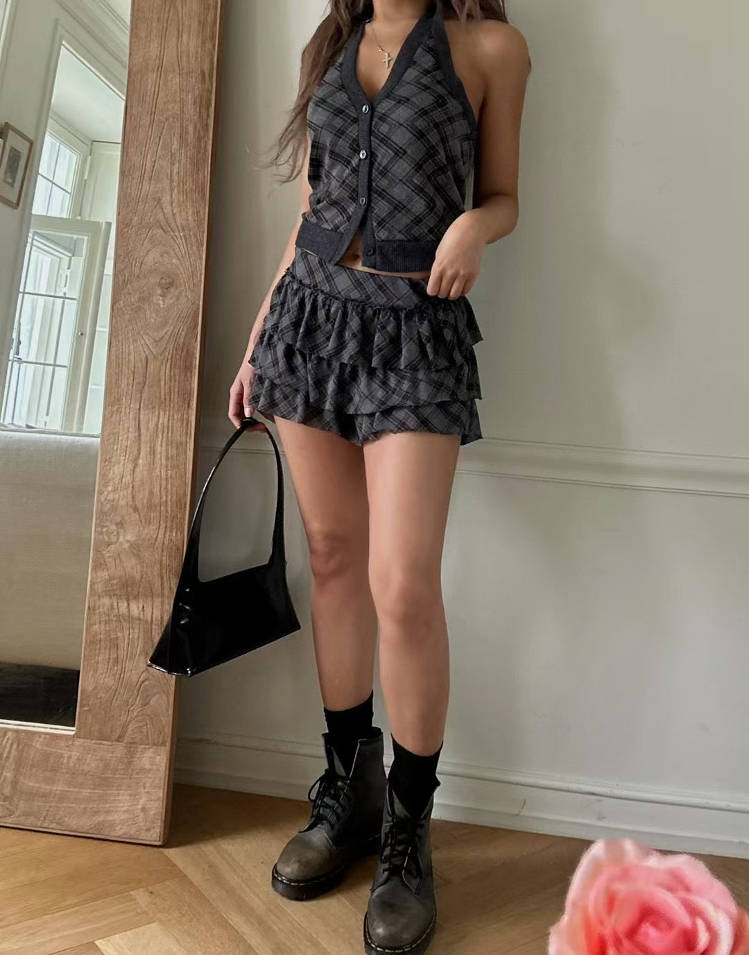【復古美式女生必入】Button Front Checkered Halter Top