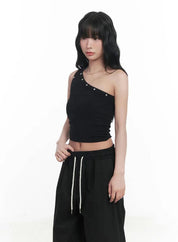 【單肩Crop Top!!】Single Shoulder Rivet Crop Top