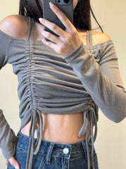 Double Strap Ruffle Long Sleeve Crop Top