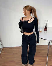 Solid Shoulder Cut Crop Top