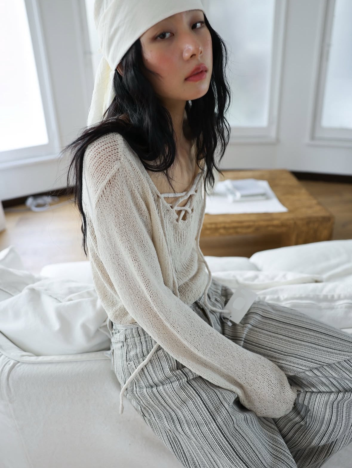 【慵懶感綁帶罩衫｜2色入】Tie Front Solid See-Throgh Knit Cardigan