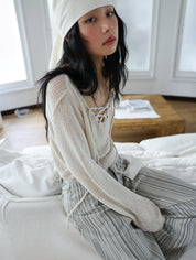 【慵懶感綁帶罩衫｜2色入】Tie Front Solid See-Throgh Knit Cardigan