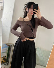 【單肩長袖Crop Top】 Sheri Unbalanced Long Sleeve Crop Top