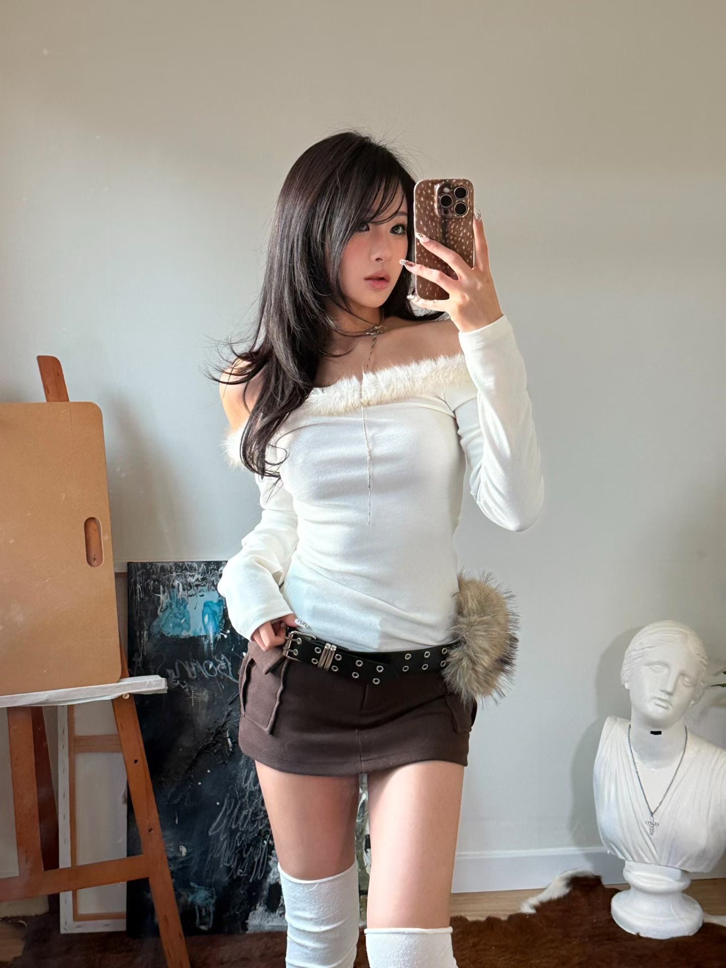 【千禧辣妹style🩶】Fluffy Melo Off Shoulder Top