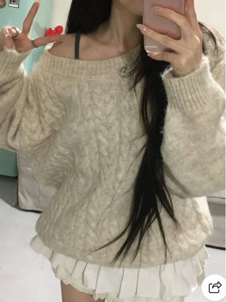 【麻花單肩針織Top】Cable Ribbed Off Shoulder Cardigan