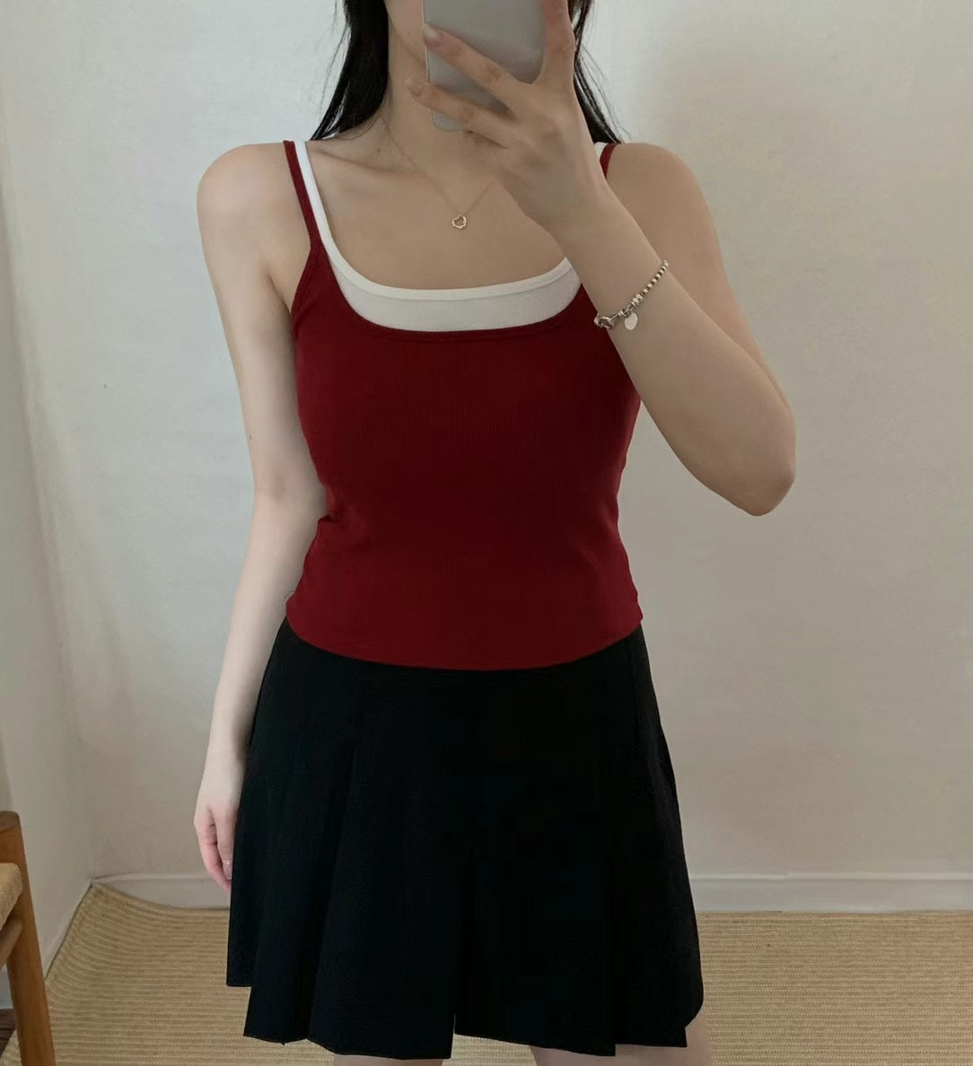 【✔️PAD｜拼接設計】Layered Double Strap Padded Cami Top