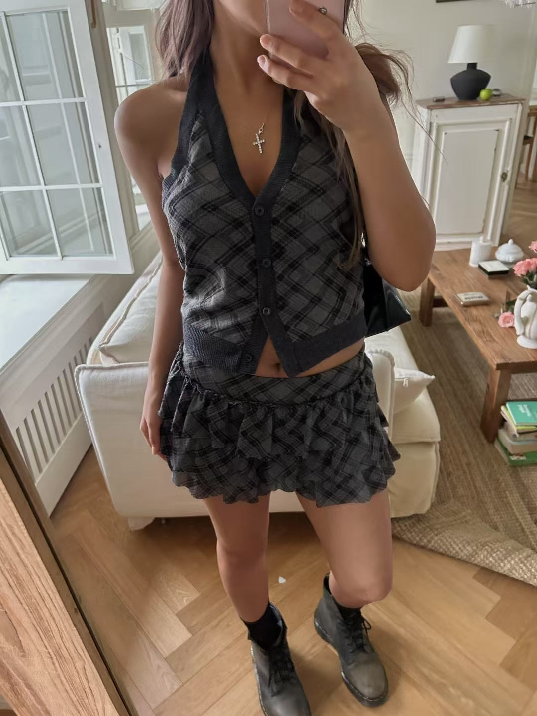【復古美式女生必入】Button Front Checkered Halter Top