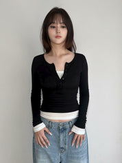 【假兩件長䄂Top🎶】Double Layered Button Front Long Sleeve Top