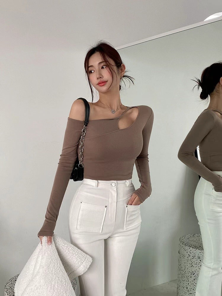 Solid Shoulder Cut Crop Top