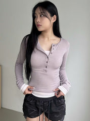 【假兩件長䄂Top🎶】Double Layered Button Front Long Sleeve Top