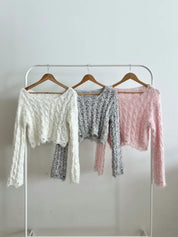 【破爛風混色針織衫】Fuzzy Single Shoulder Crop Cardigan