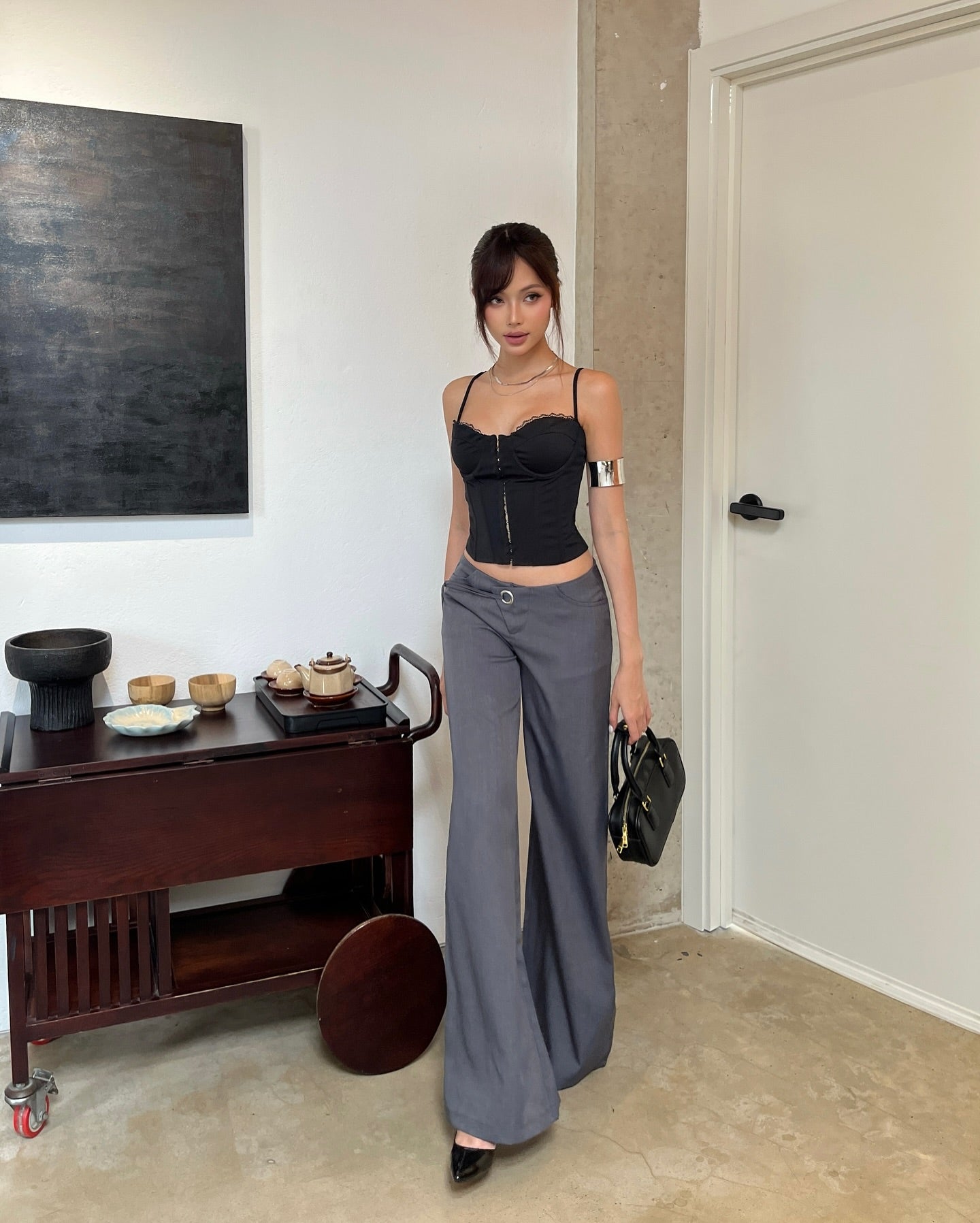 Figure flattering low rise long flared pants