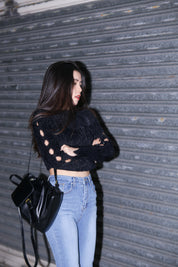 Solid Fluffy Hollow Out Crop Top