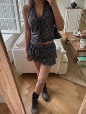 【復古美式女生必入】Button Front Checkered Halter Top