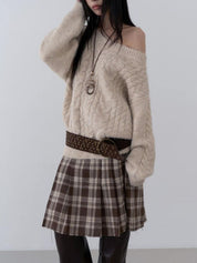 【麻花單肩針織Top】Cable Ribbed Off Shoulder Cardigan