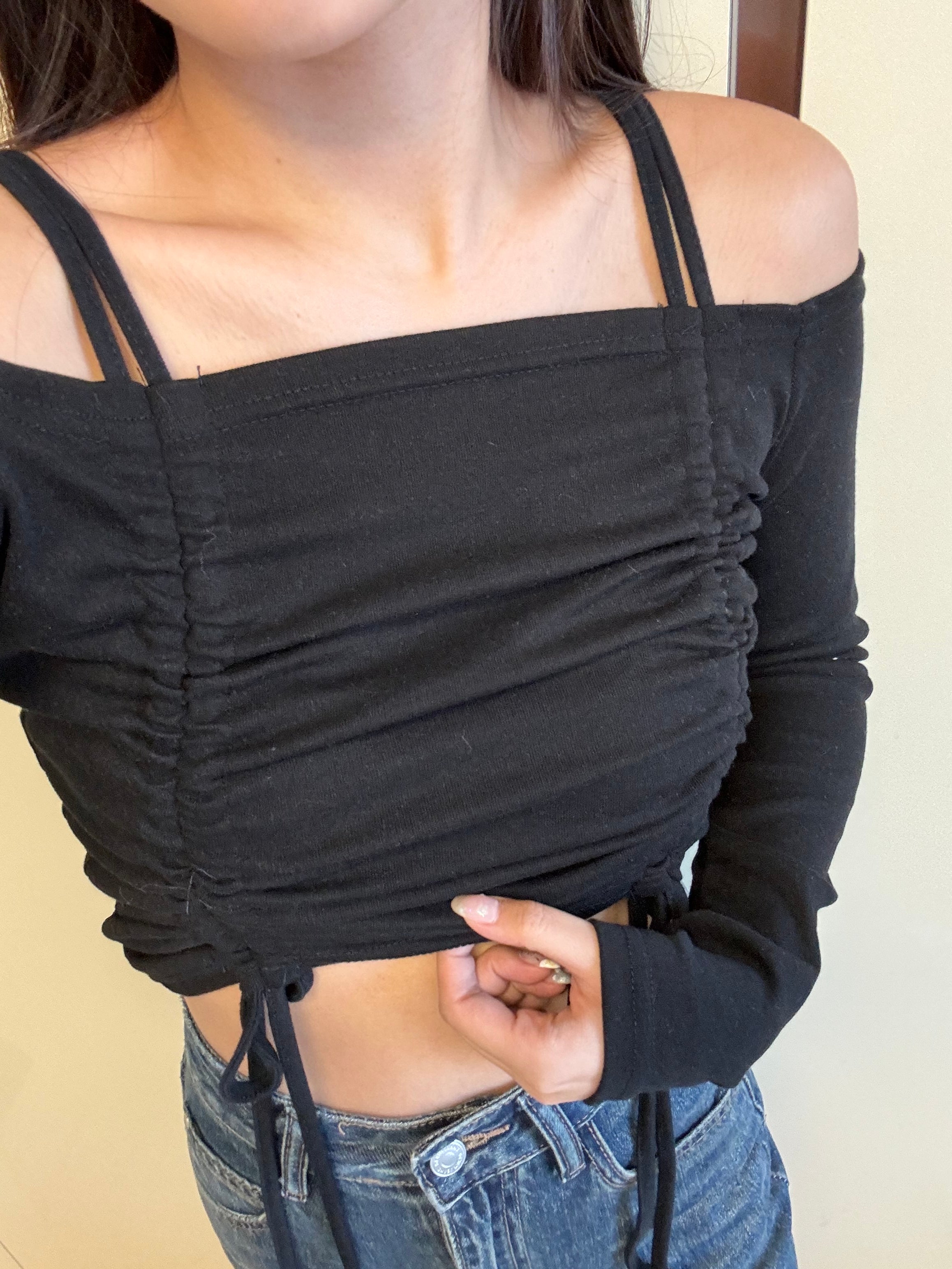 Double Strap Ruffle Long Sleeve Crop Top