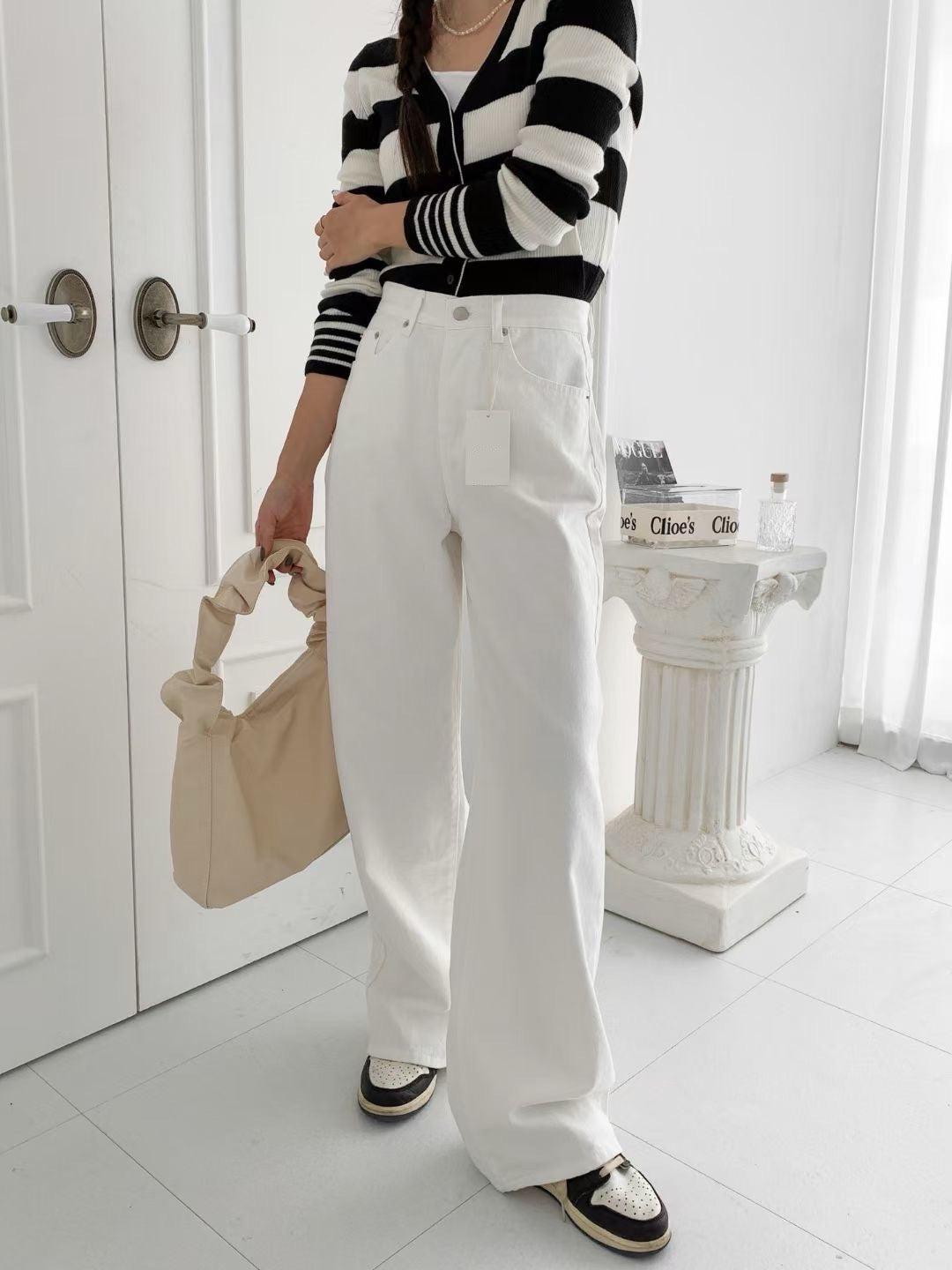 【黑白色衣櫃必備！】Solid High Waisted Wide Leg Pants