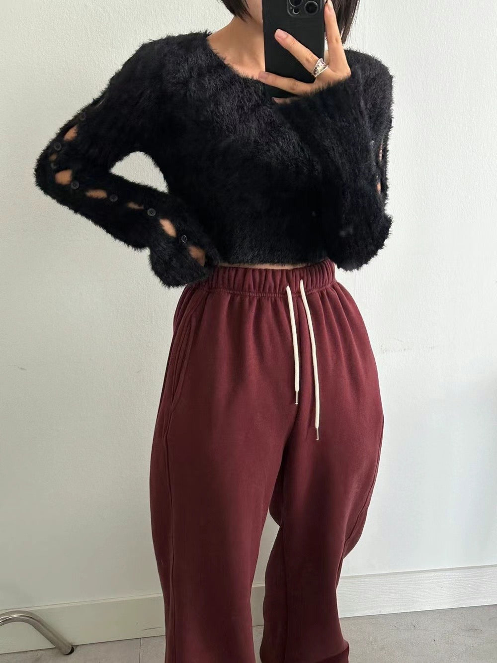 Solid Fluffy Hollow Out Crop Top