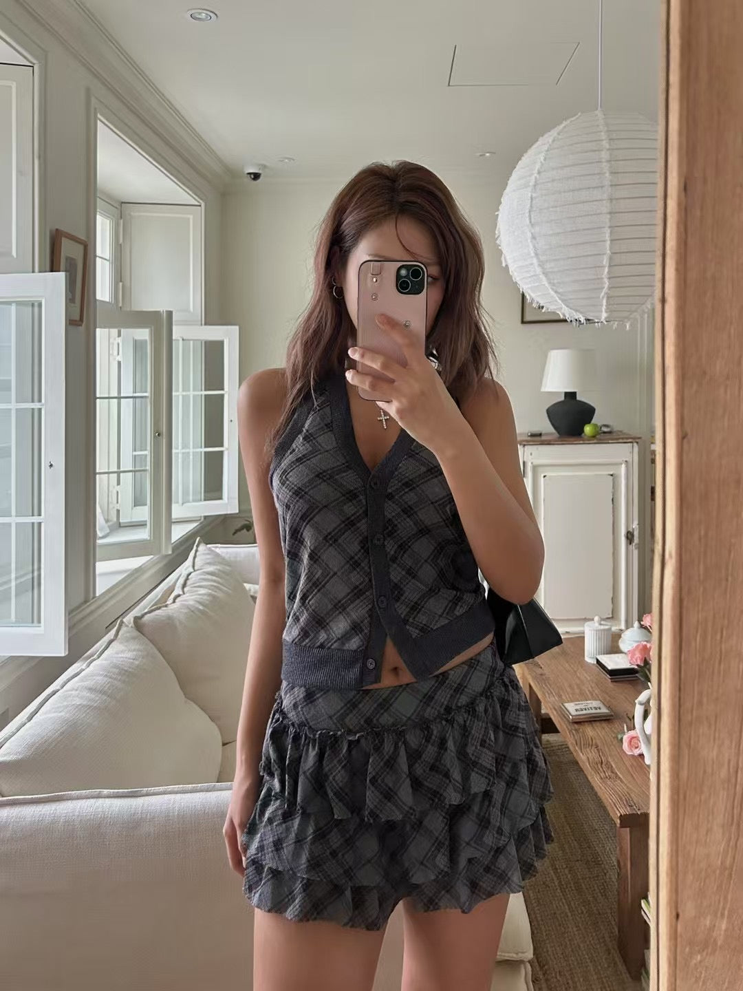 【復古美式女生必入】Button Front Checkered Halter Top