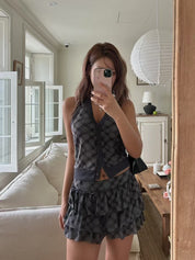 【復古美式女生必入】Button Front Checkered Halter Top